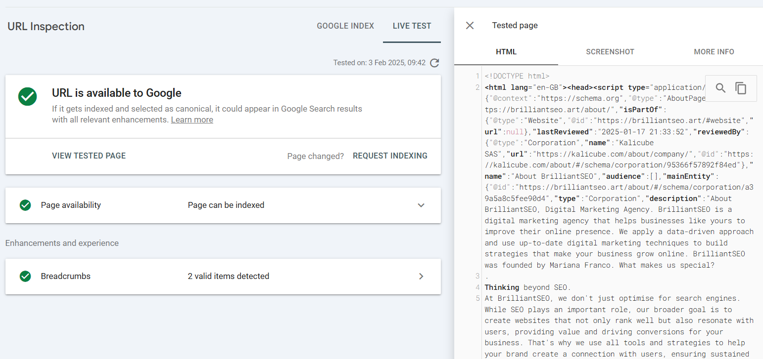 Google search console rendering test